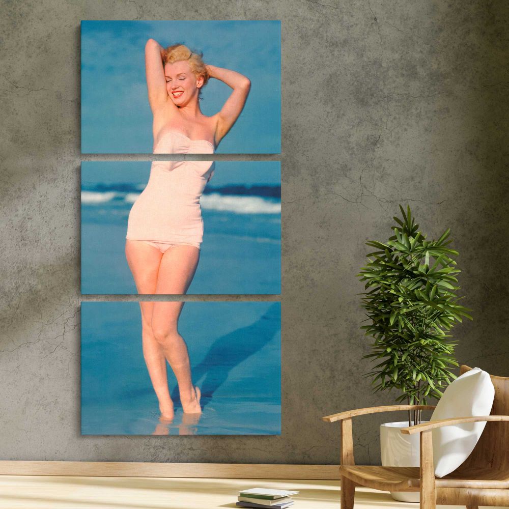 Marilyn Monroe Beach Portrait three panel canvas print in a contemporary interior
