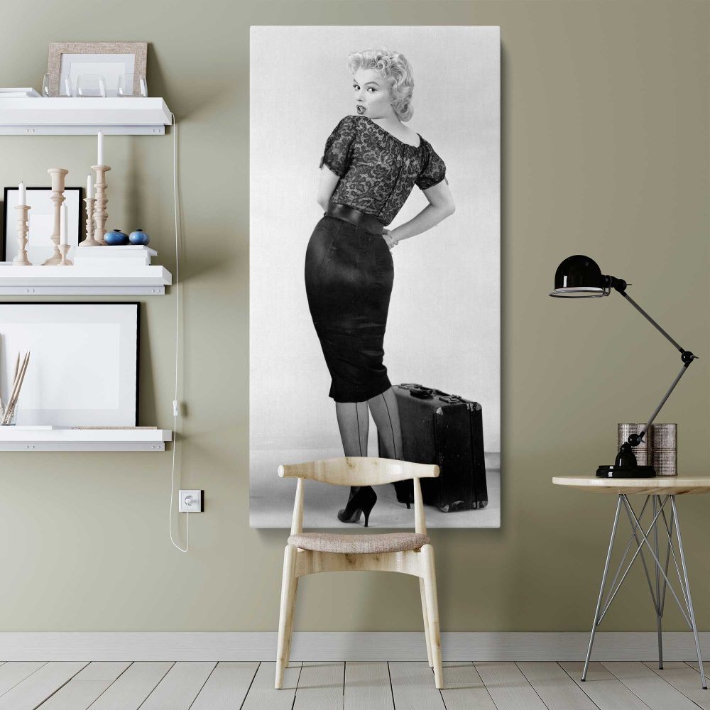 Marilyn Monroe Bus Stop Portrait with Suitcase canvas wall art shown in a modern interior