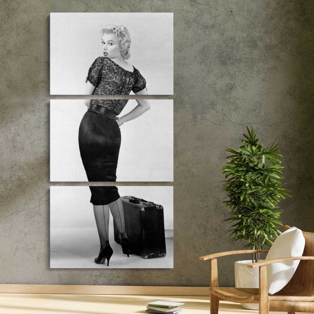 Marilyn Monroe Bus Stop Portrait with Suitcase three panel canvas print in a contemporary interior