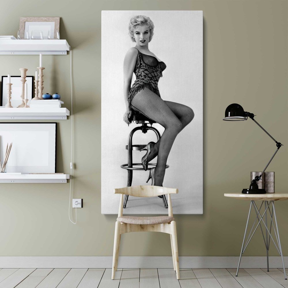 Marilyn Monroe Seated Bus Stop Portrait canvas wall art shown in a modern interior