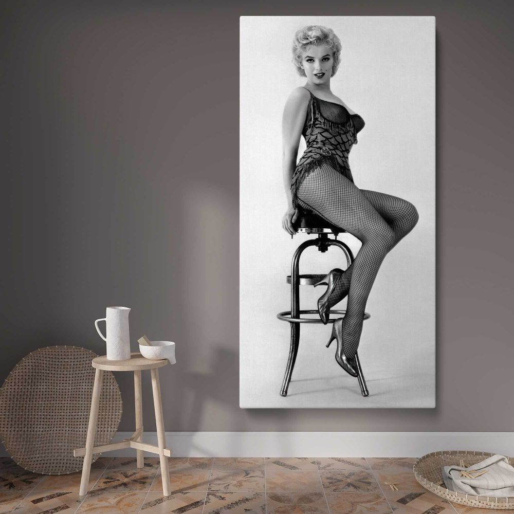 Marilyn Monroe Seated Bus Stop Portrait canvas wall art displayed in a contemporary room