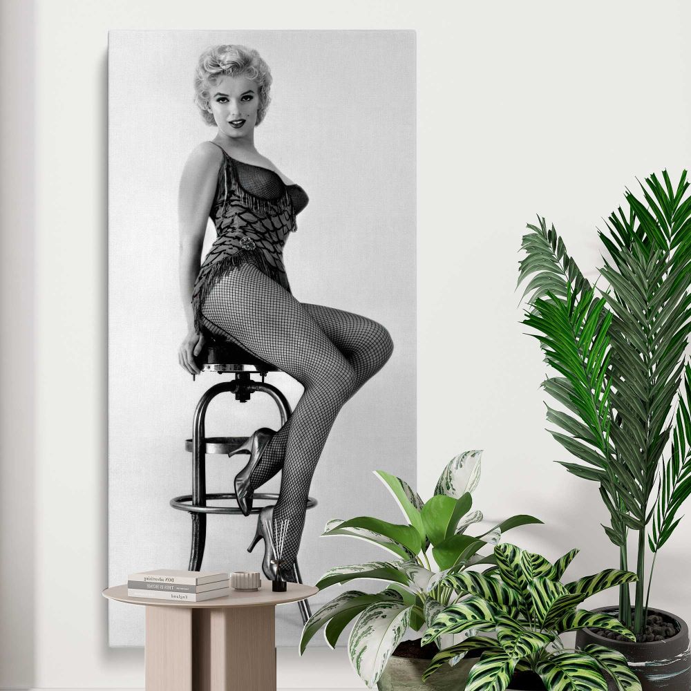 Marilyn Monroe Seated Bus Stop Portrait canvas print displayed in a modern interior