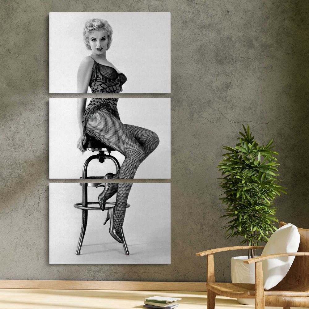 Marilyn Monroe Seated Bus Stop Portrait three panel canvas print in a contemporary interior