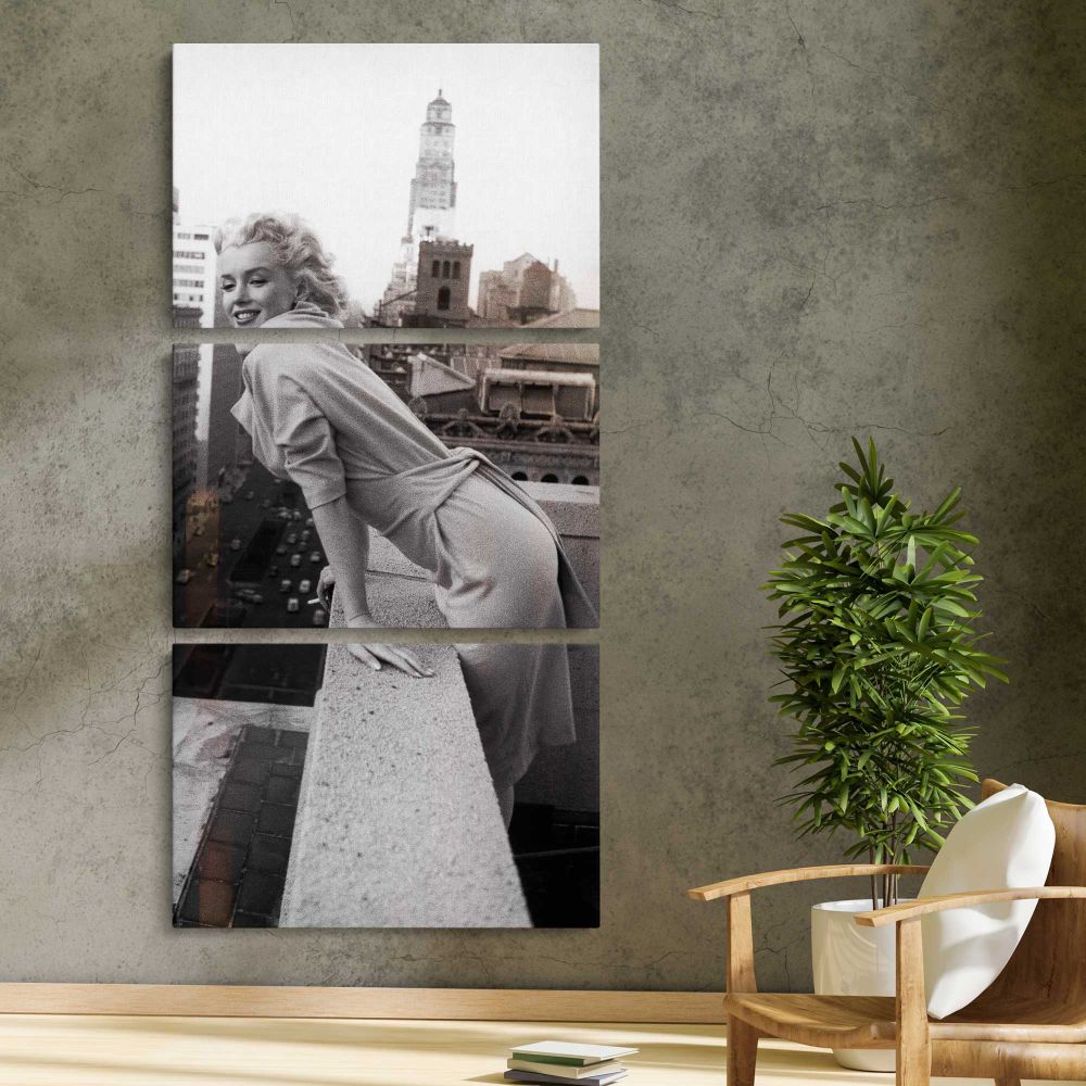 Marilyn Monroe on a New York Balcony three panel canvas print in a contemporary interior