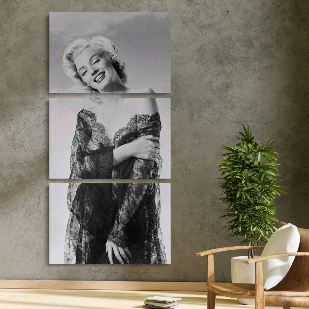 Marilyn Monroe Glamour Portrait three panel canvas print in a contemporary interior
