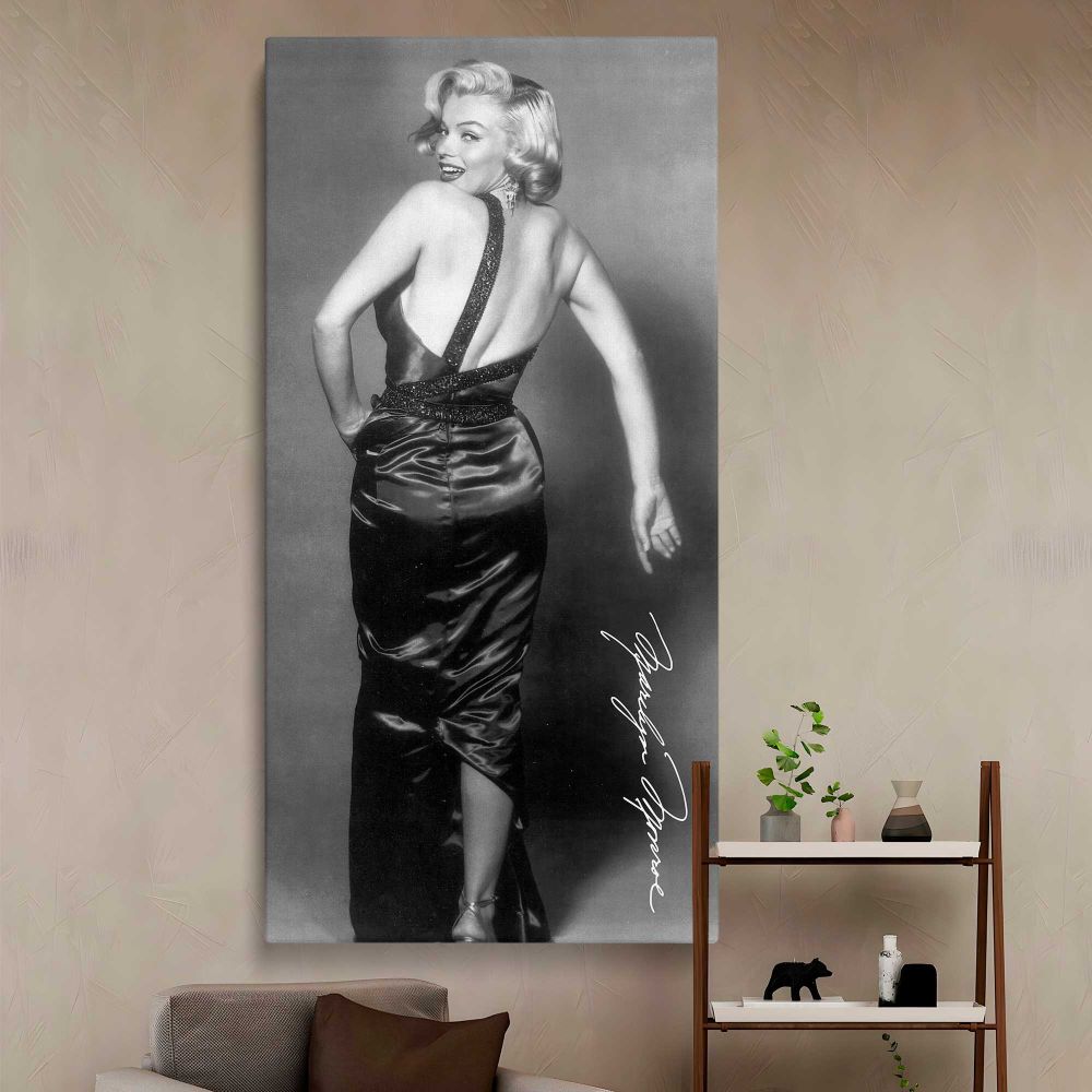 Marilyn Monroe Backless Dress Portrait canvas wall art in a styled interior