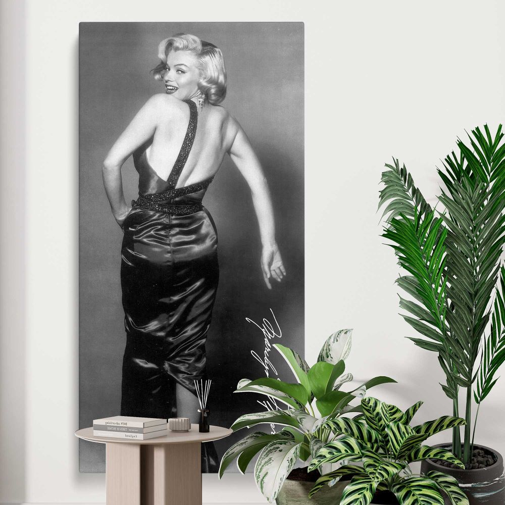Marilyn Monroe Backless Dress Portrait canvas print displayed in a modern interior