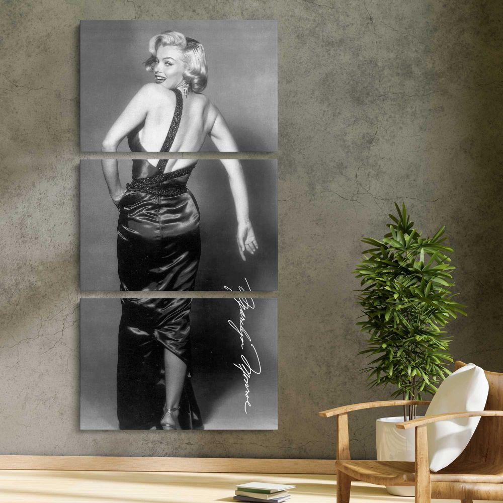Marilyn Monroe Backless Dress Portrait three panel canvas print in a contemporary interior