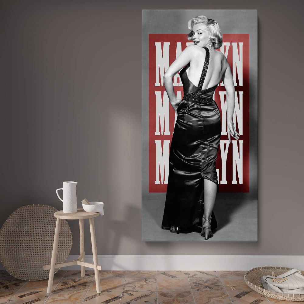 Marilyn Monroe Pop Art Backless Dress Portrait canvas wall art displayed in a contemporary room