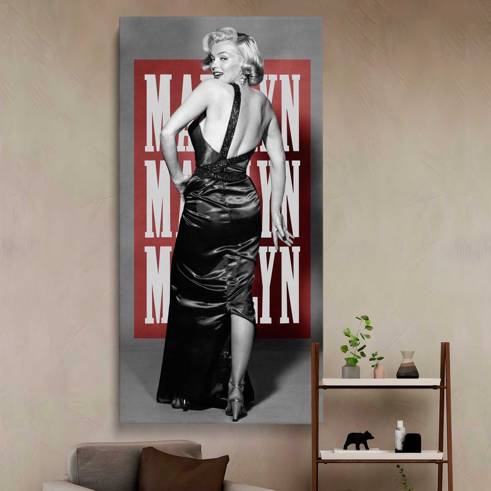 Marilyn Monroe Pop Art Backless Dress Portrait canvas wall art in a styled interior