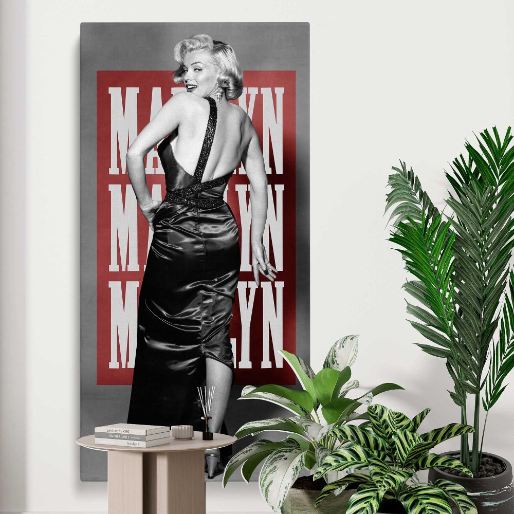 Marilyn Monroe Pop Art Backless Dress Portrait canvas print displayed in a modern interior