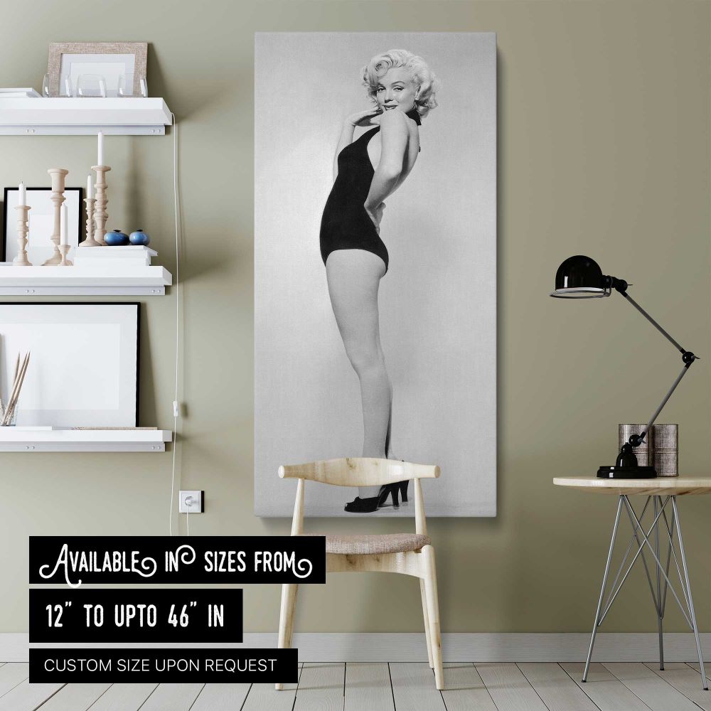 Marilyn Monroe Black Swimsuit Portrait canvas wall art shown in a modern interior