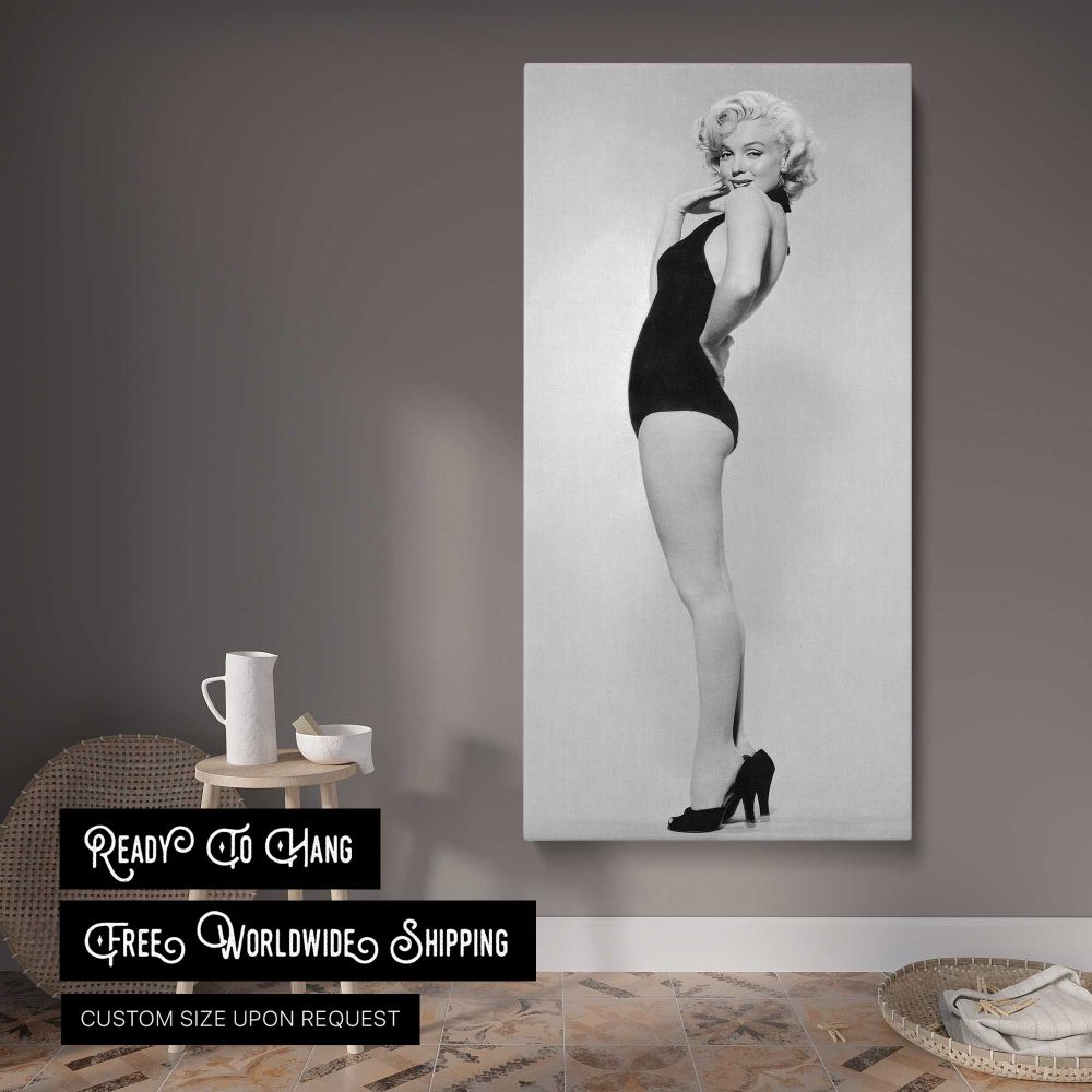 Marilyn Monroe Black Swimsuit Portrait canvas wall art displayed in a contemporary room