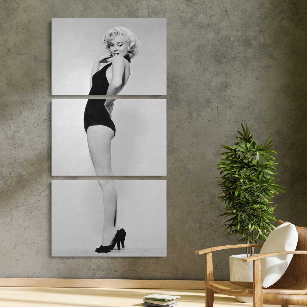 Marilyn Monroe Black Swimsuit Portrait three panel canvas print in a contemporary interior
