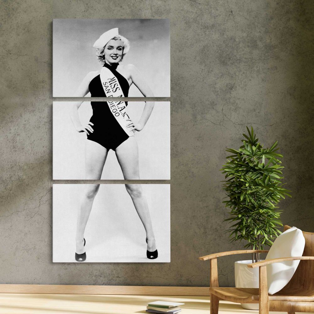 Marilyn Monroe Miss Naval Air Station Portrait three panel canvas print in a contemporary interior