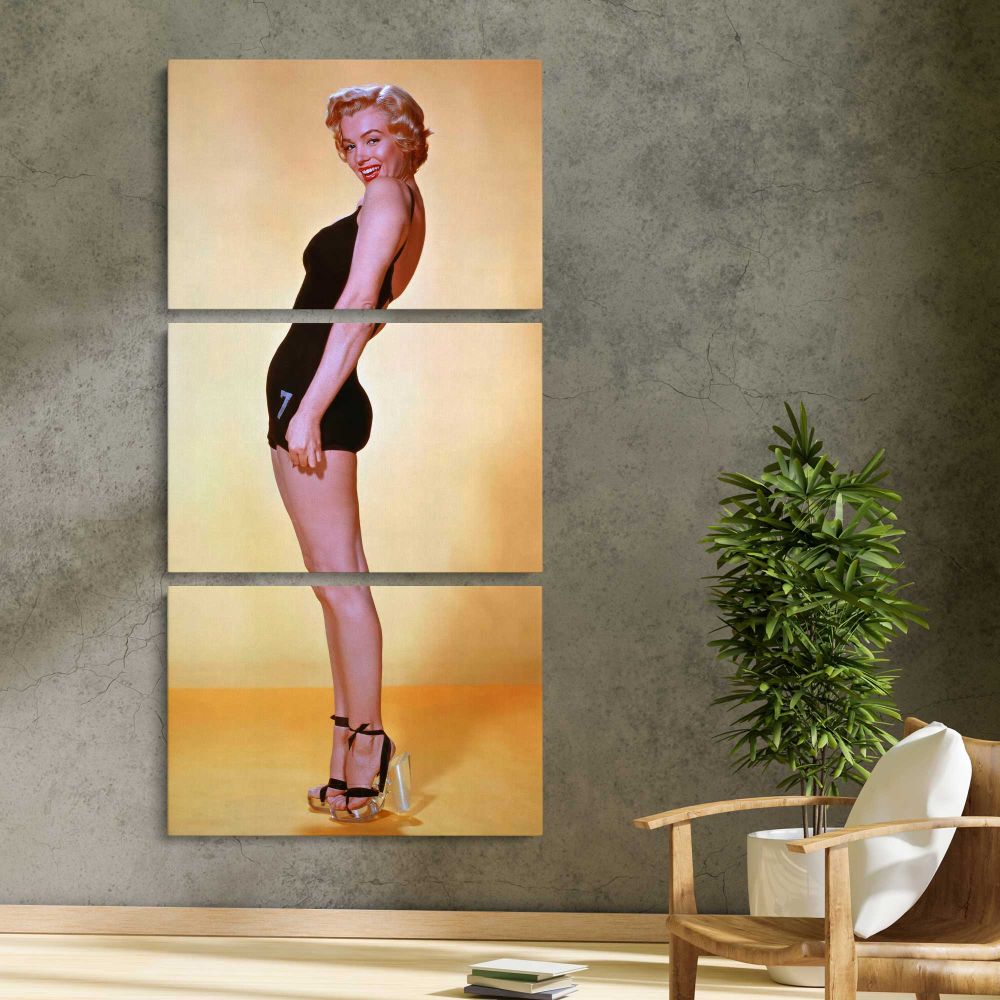 Marilyn Monroe Standing Pin Up Portrait three panel canvas print in a contemporary interior