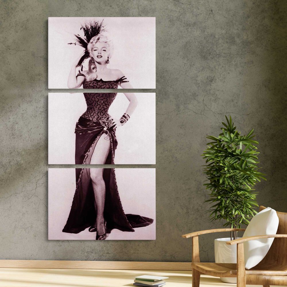 Marilyn Monroe Saloon Showgirl Portrait three panel canvas print in a contemporary interior