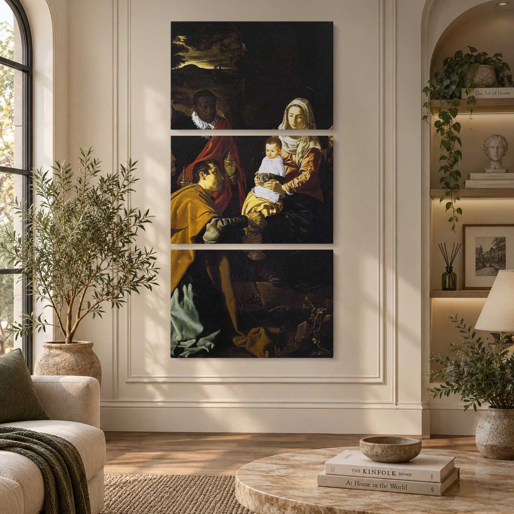 The Adoration of the Magi by Diego Velazquez canvas wall art displayed in an interior