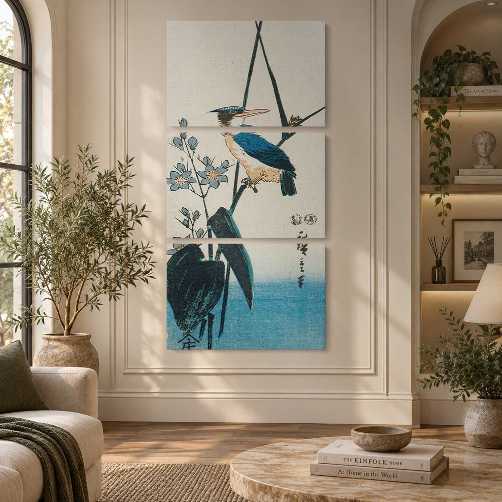 Kingfisher and Water Plantain by Utagawa Hiroshige canvas wall art displayed in an interior