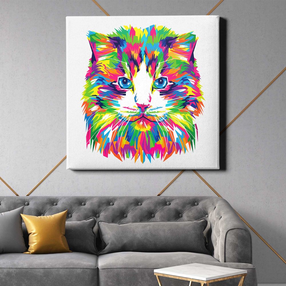 Colorful abstract cat, animal hand drawn — room mockup view 21