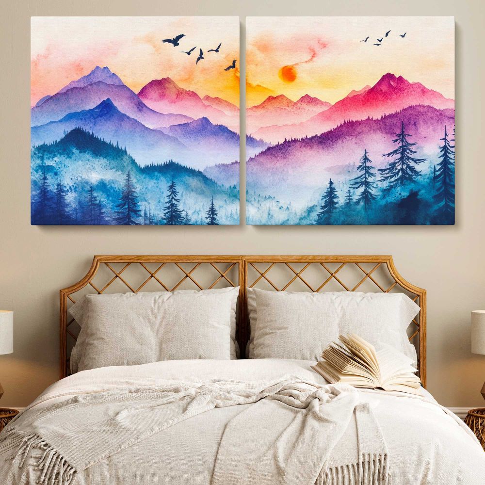Colourful Mountain Layers and Forest — single-panel canvas in a bedroom