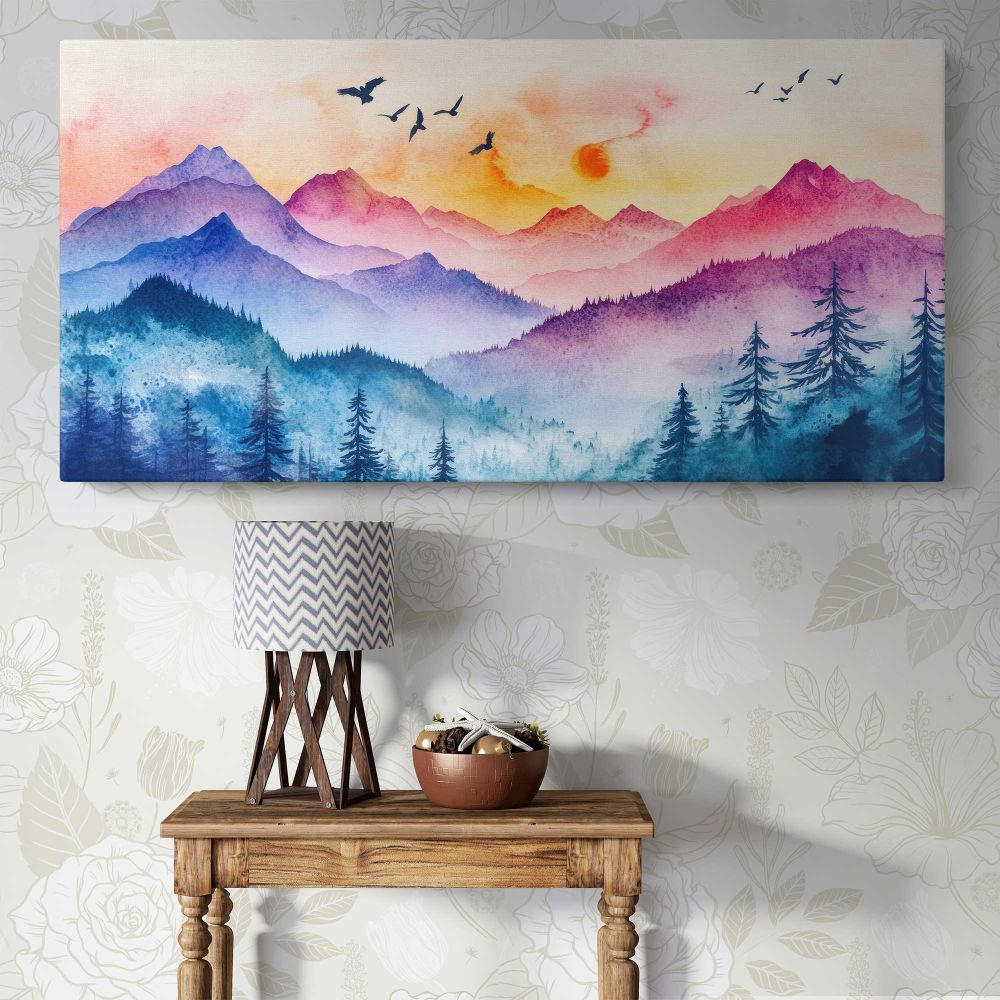 Colourful Mountain Layers and Forest — single-panel canvas above a console table