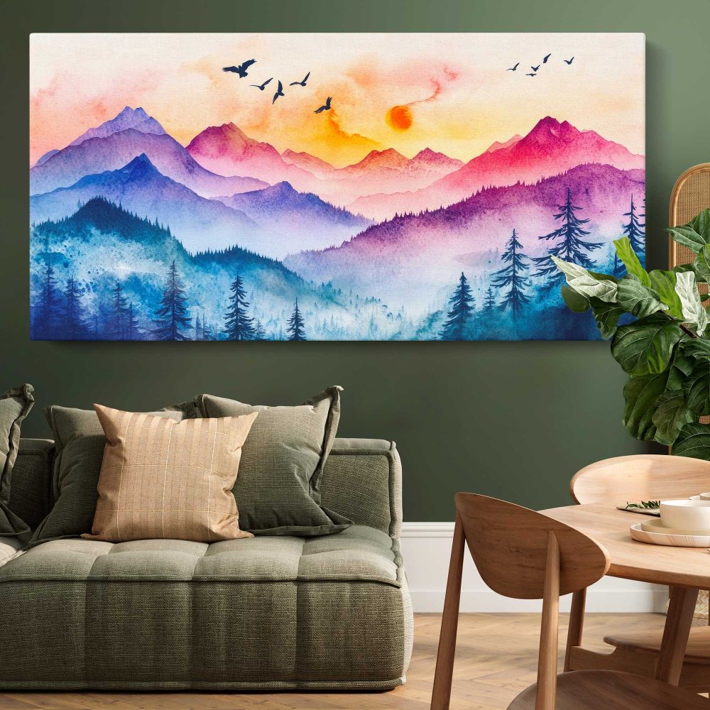Colourful Mountain Layers and Forest — single-panel canvas above a green sofa