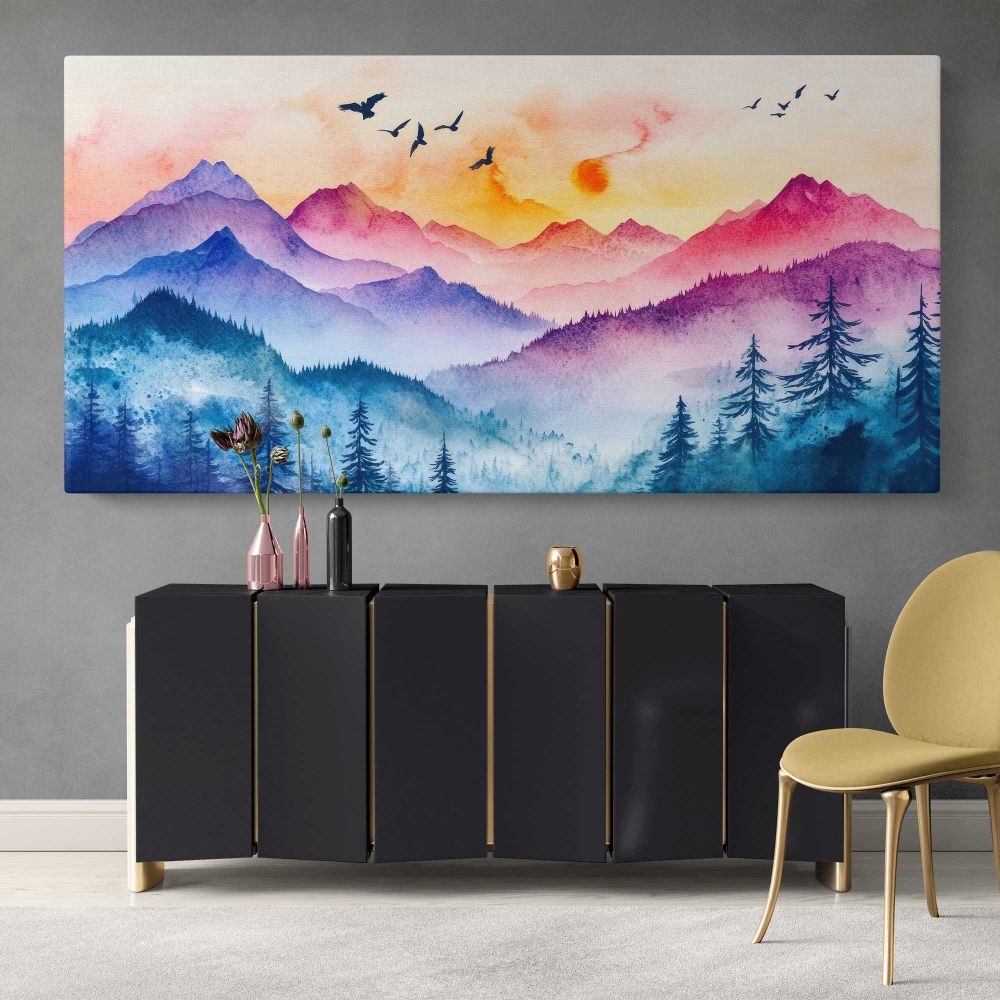Colourful Mountain Layers and Forest — single-panel canvas above a sideboard