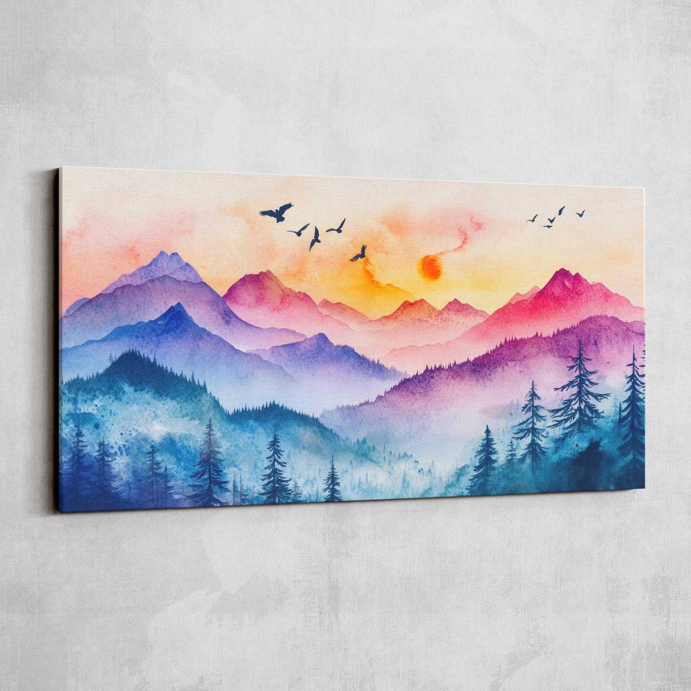Colourful Mountain Layers and Forest — single-panel canvas shown on a pale studio wall