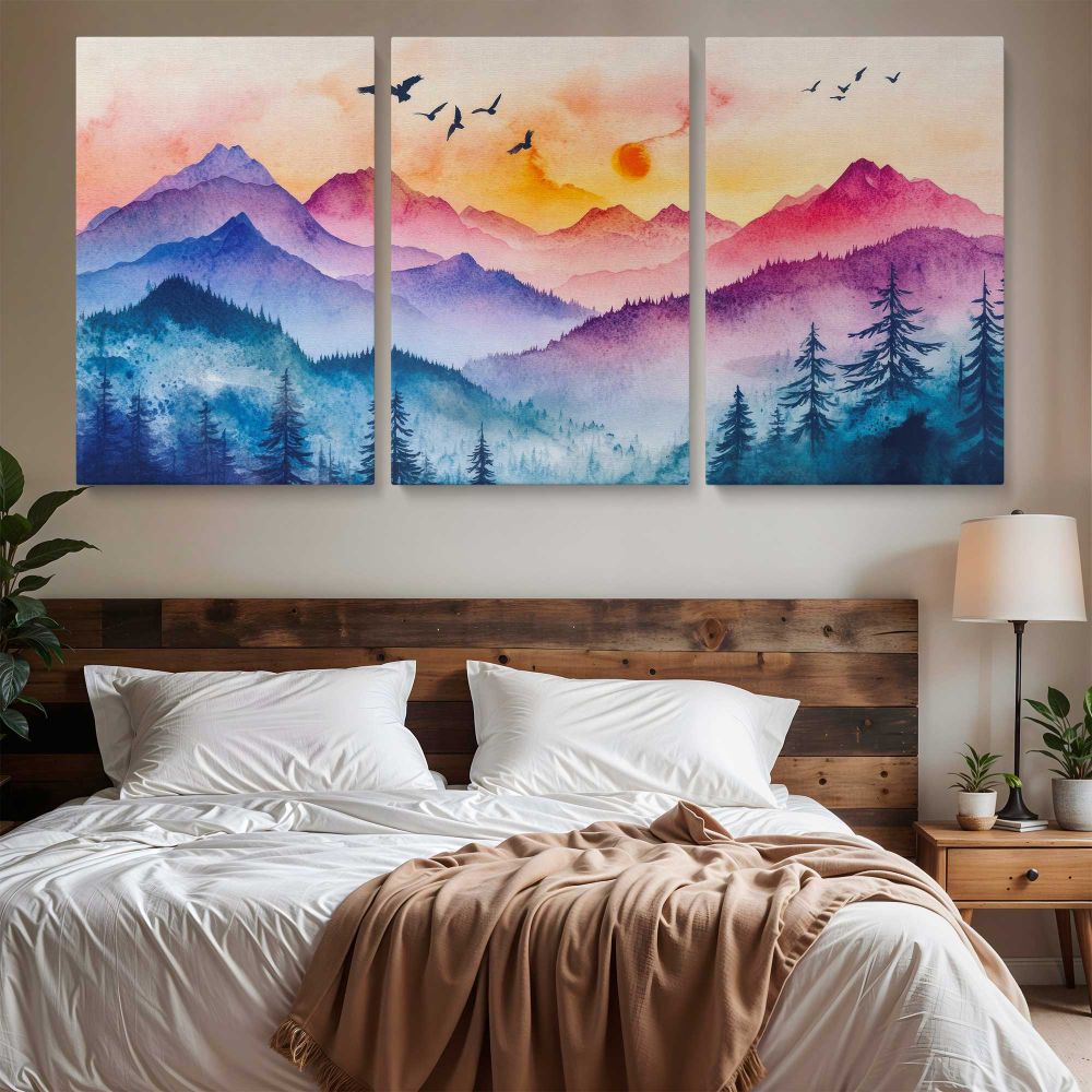 Colourful Mountain Layers and Forest — three-panel canvas above a bed