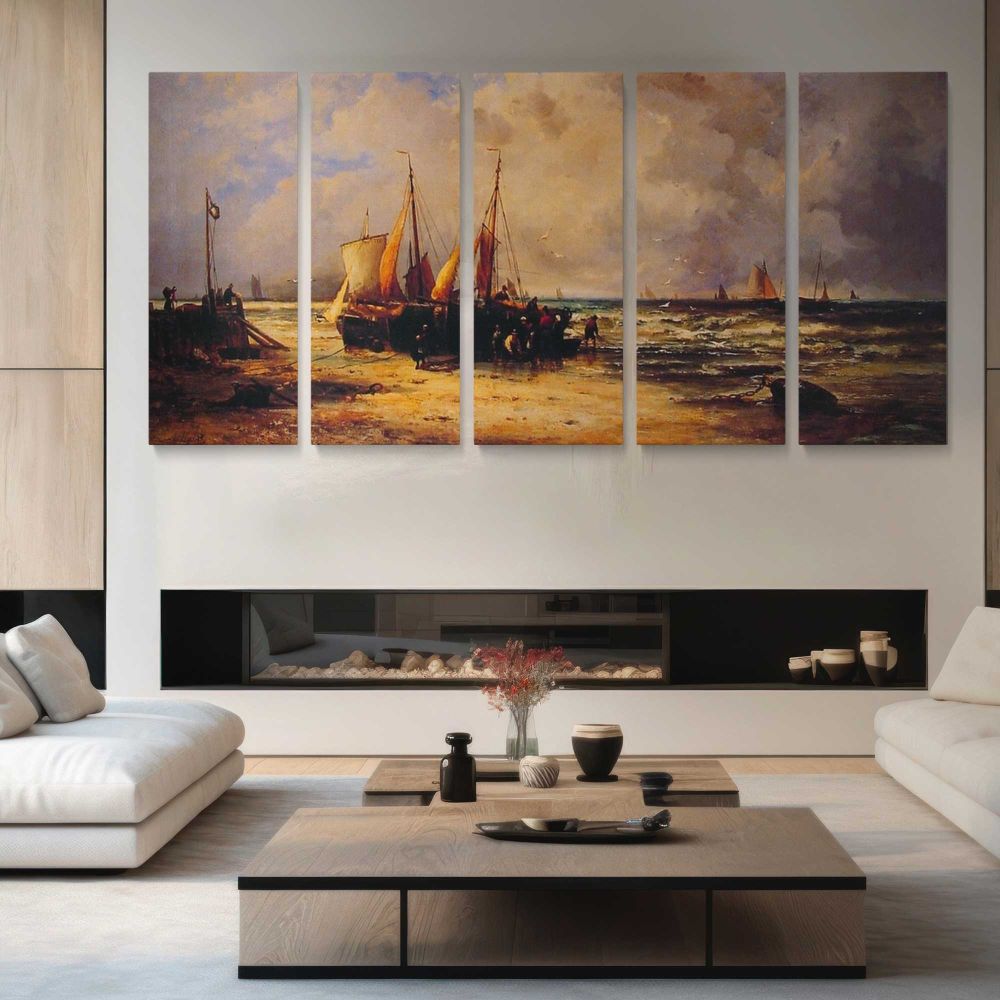 Coming Ashore by Abraham Hulk Sr. — four-panel canvas arrangement in a living room