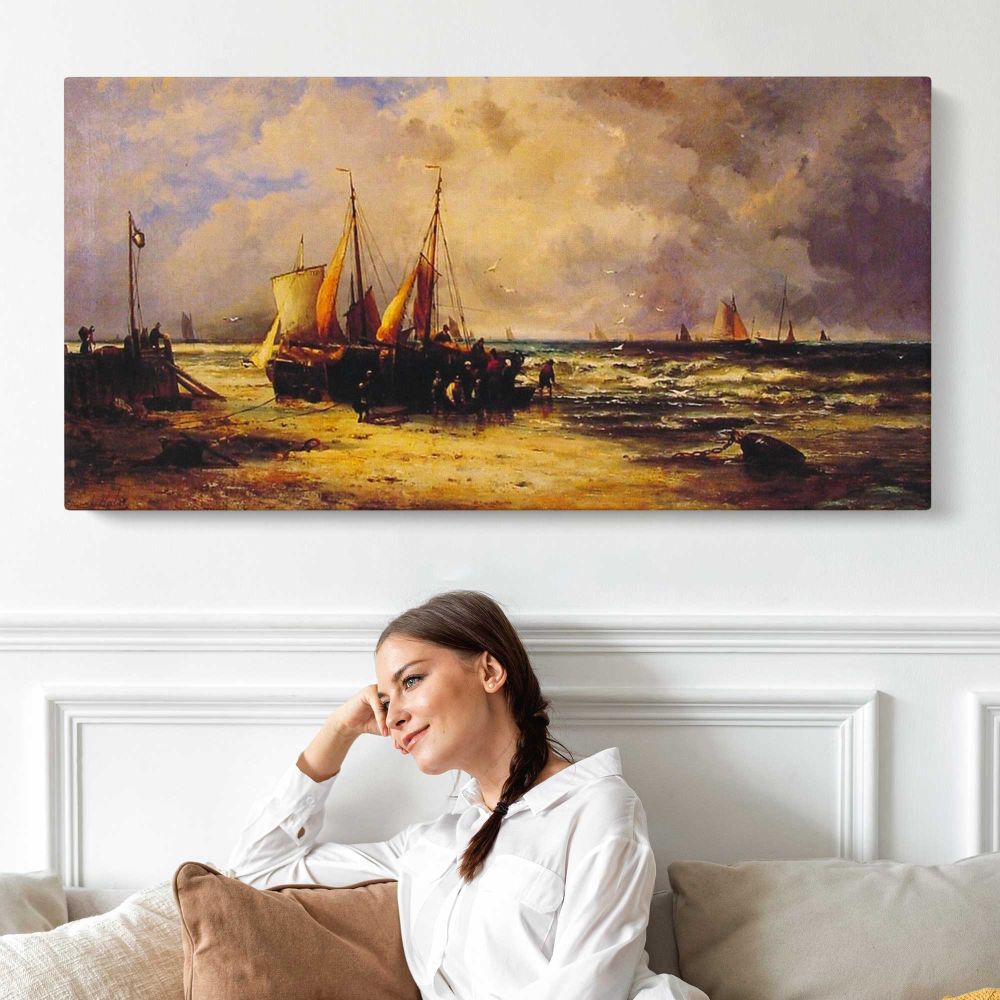 Coming Ashore by Abraham Hulk Sr. — single-panel canvas shown above a seated person