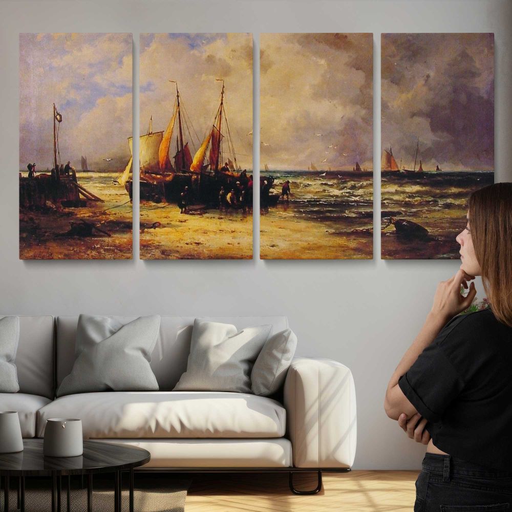 Coming Ashore by Abraham Hulk Sr. — three-panel canvas above a sofa