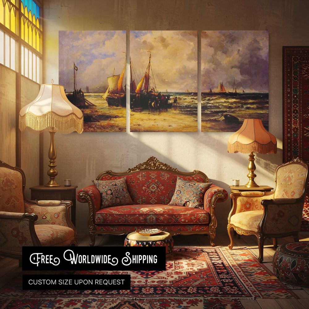 Coming Ashore by Abraham Hulk Sr. — multi-panel canvas in a warmly lit lounge