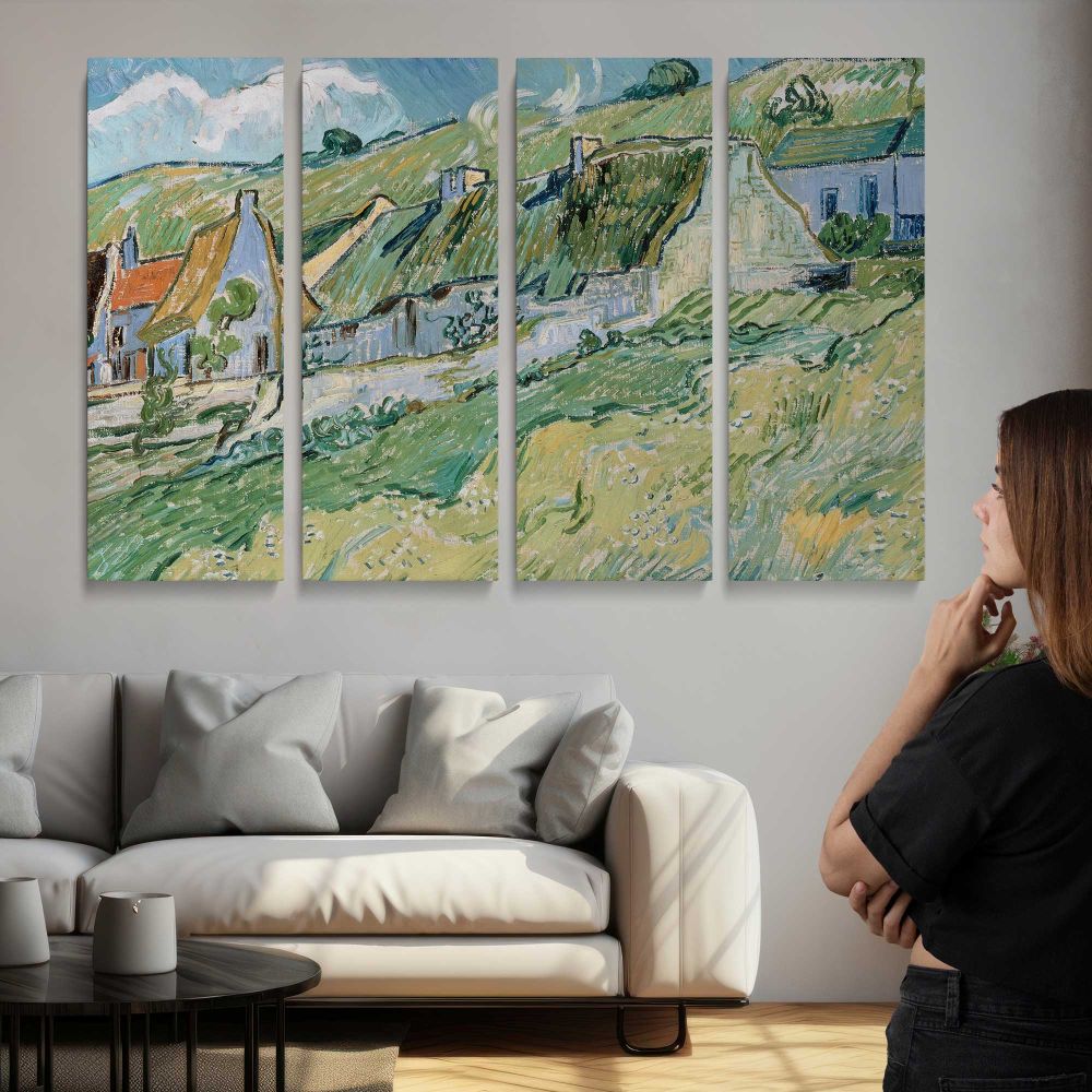 Cottages by Vincent Van Gogh - multi-panel canvas displayed above a sofa