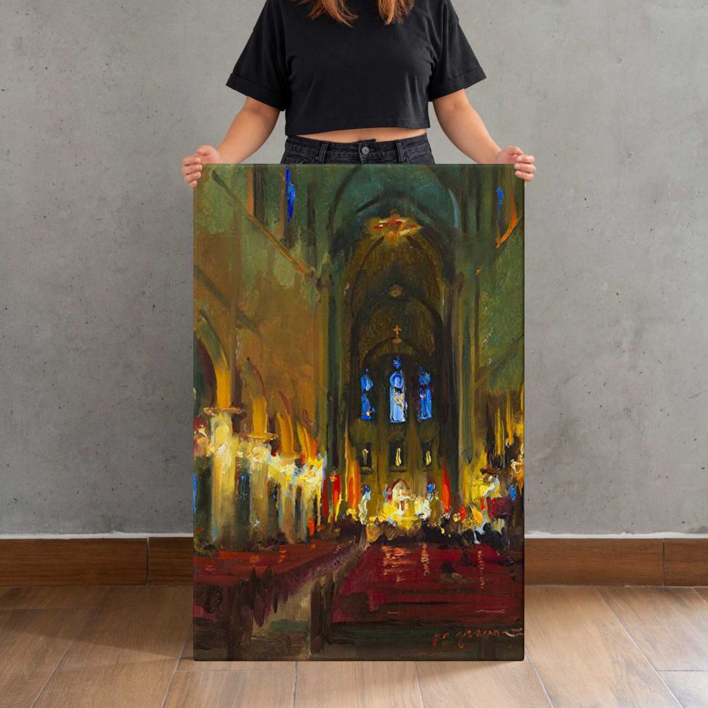 Candlelit Church Interior by Daniel Gerhartz canvas print, held for scale