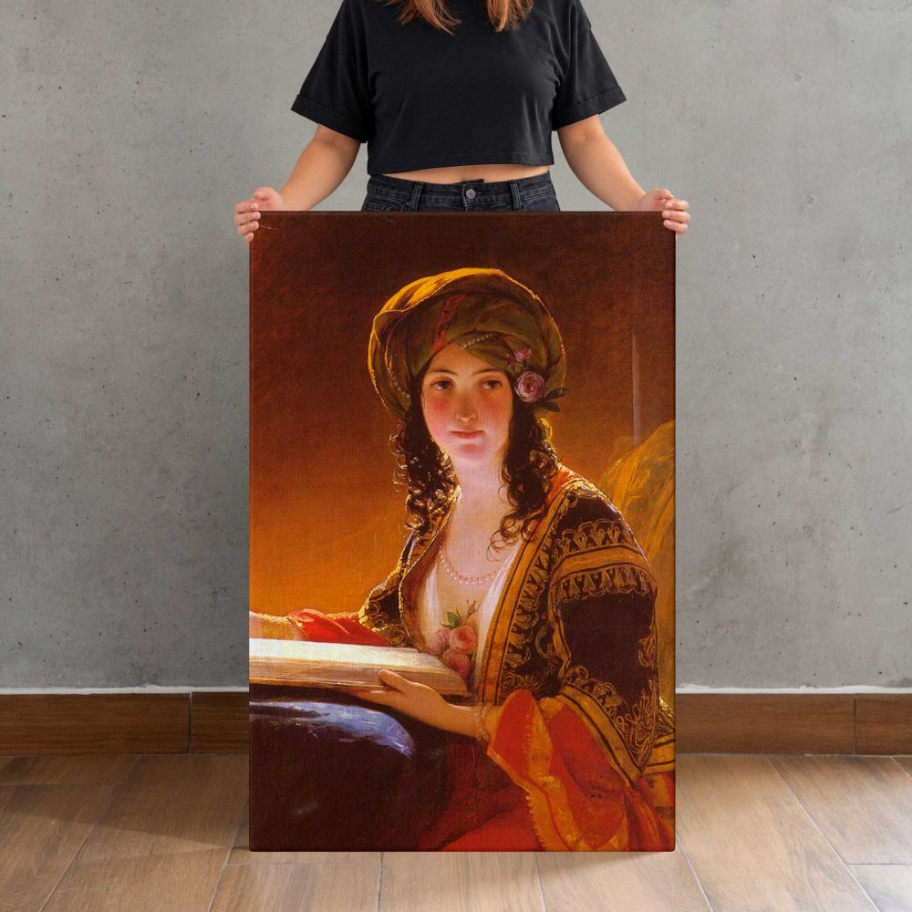 The Oriental Woman in a Golden Headscarf canvas print, held for scale
