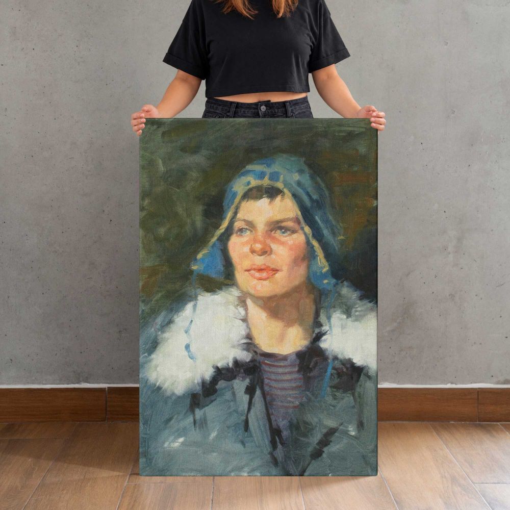 Portrait in a Blue Hat by Aaron Coberly canvas print, held for scale