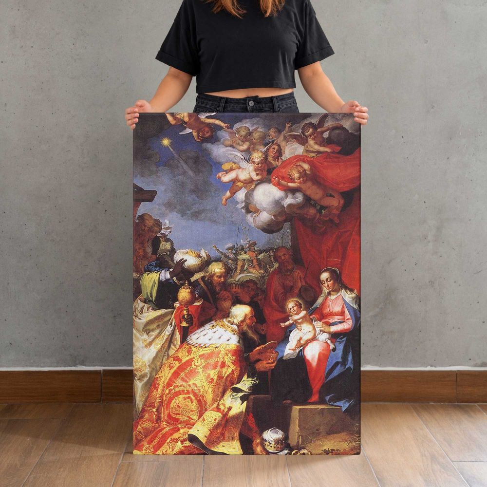 Adoration OF The Magi by Abraham Bloemaert canvas print, held for scale