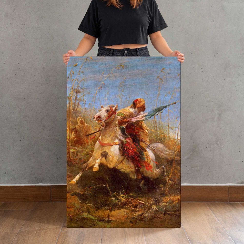 Arab Warrior Leading A Charge by Adolf Schreyer canvas print, held for scale