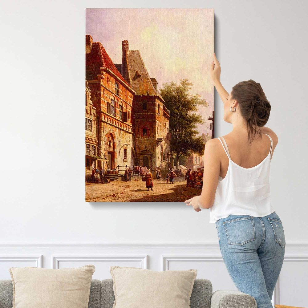 A Sunlit Street On Market Day by Adrianus Eversen canvas print, displayed on a wall