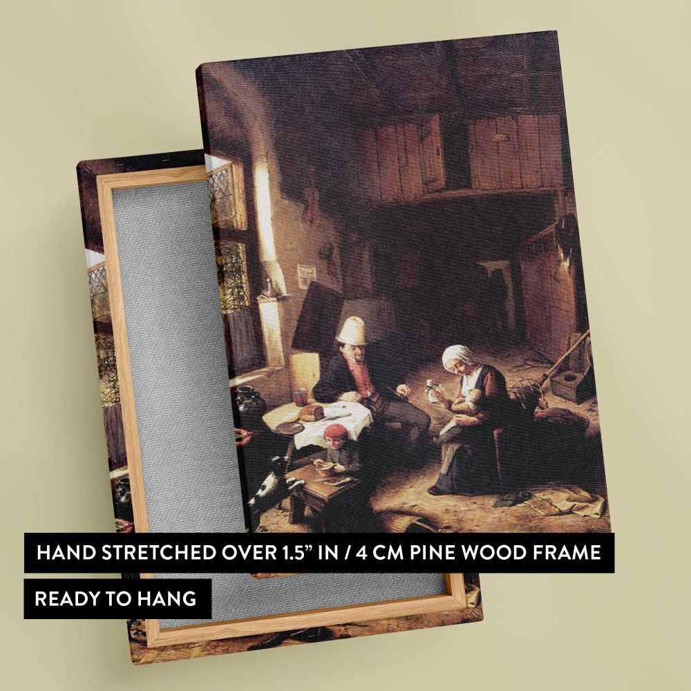 Cottage Interior with Seated Figures by Adriaen van Ostade canvas print, front and back view