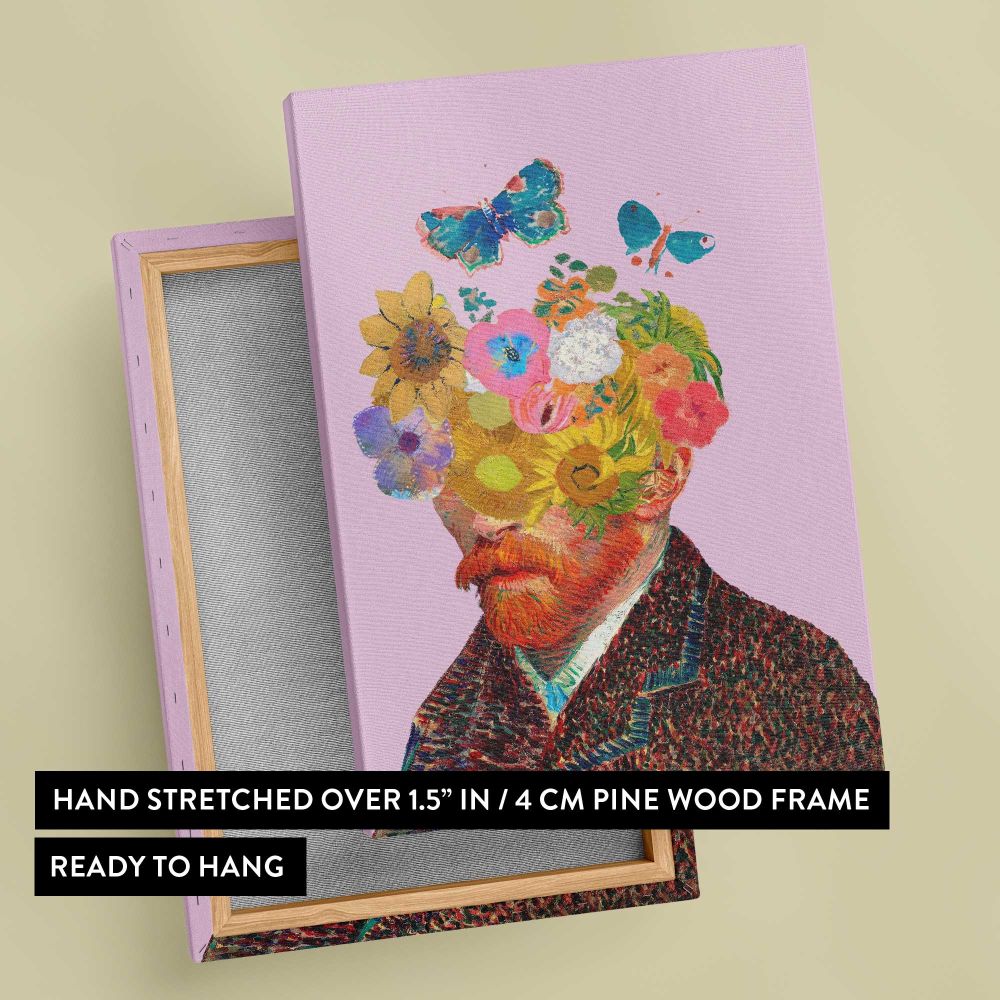 Floral Van Gogh Portrait on Pink canvas print, front and back view