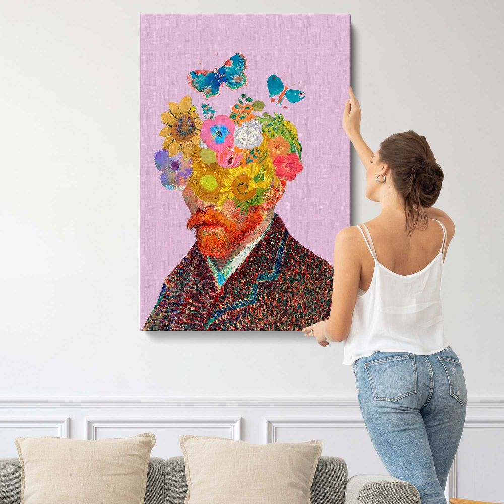 Floral Van Gogh Portrait on Pink canvas print, displayed on a wall