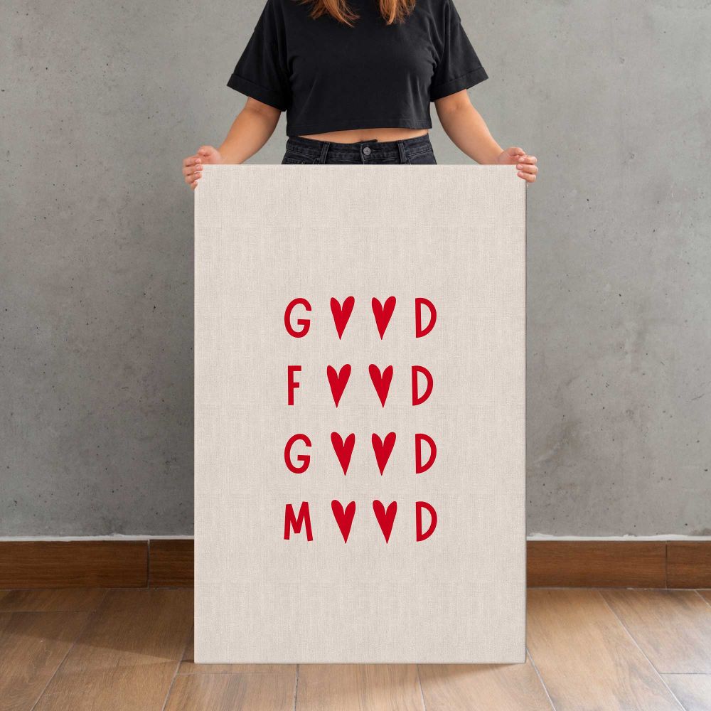 Good Food Good Mood Red Typography canvas print, held for scale