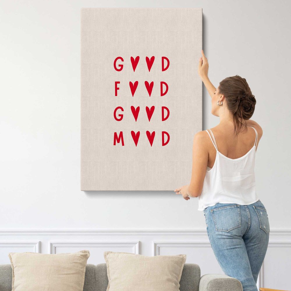 Good Food Good Mood Red Typography canvas print, displayed on a wall