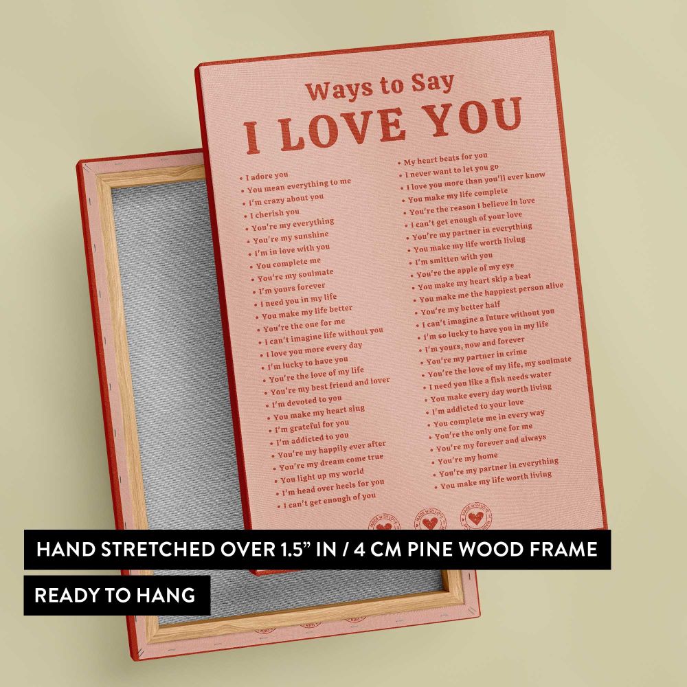 Ways to Say I Love You Typography canvas print, front and back view