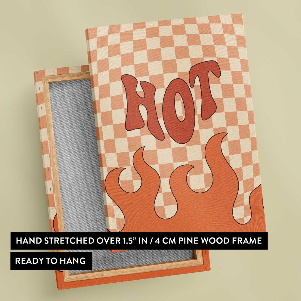 Hot Stuff Orange Checkerboard Typography canvas print, front and back view