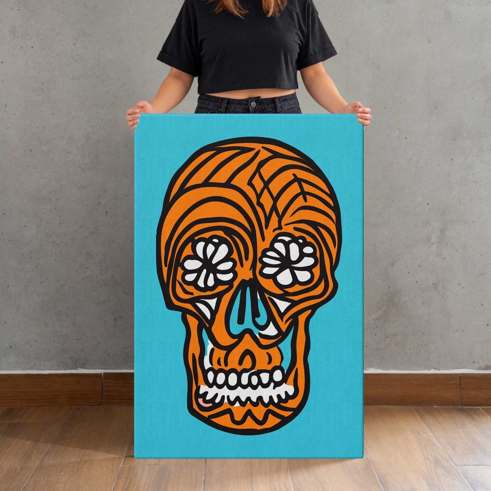 Orange Sugar Skull on Turquoise canvas print, held for scale