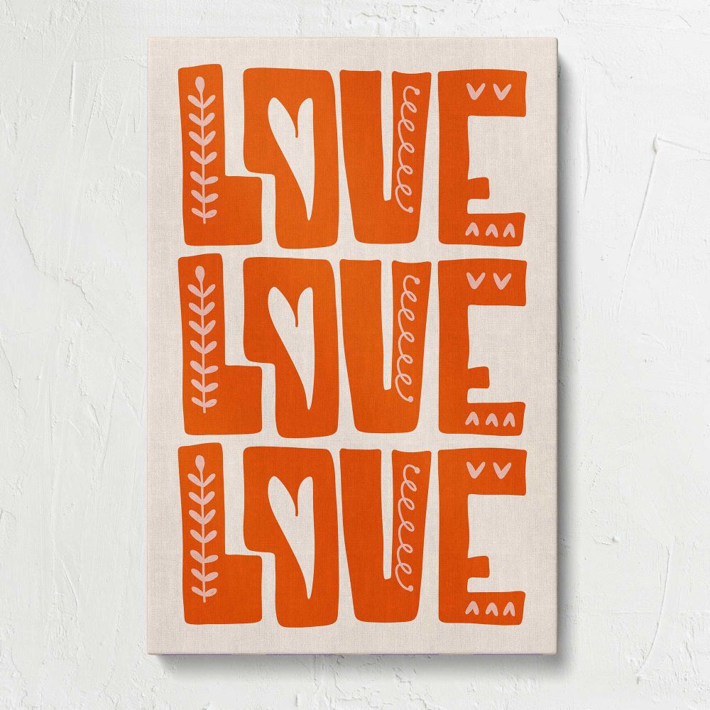 Love Love Love Orange Typography canvas print, front view
